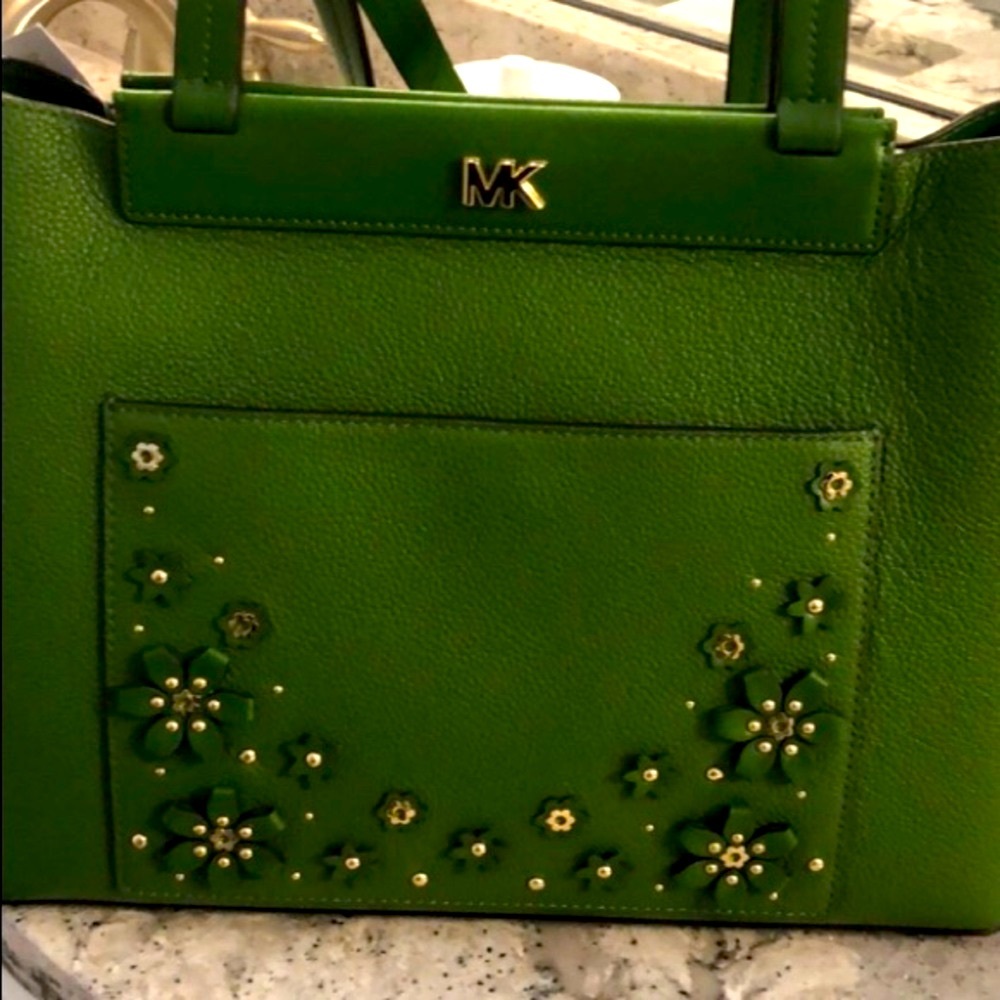 SOLD NWT$338 Authentic MICHAEL KORS Green Floral Handbag Purse Satchel - Picture 4 of 15